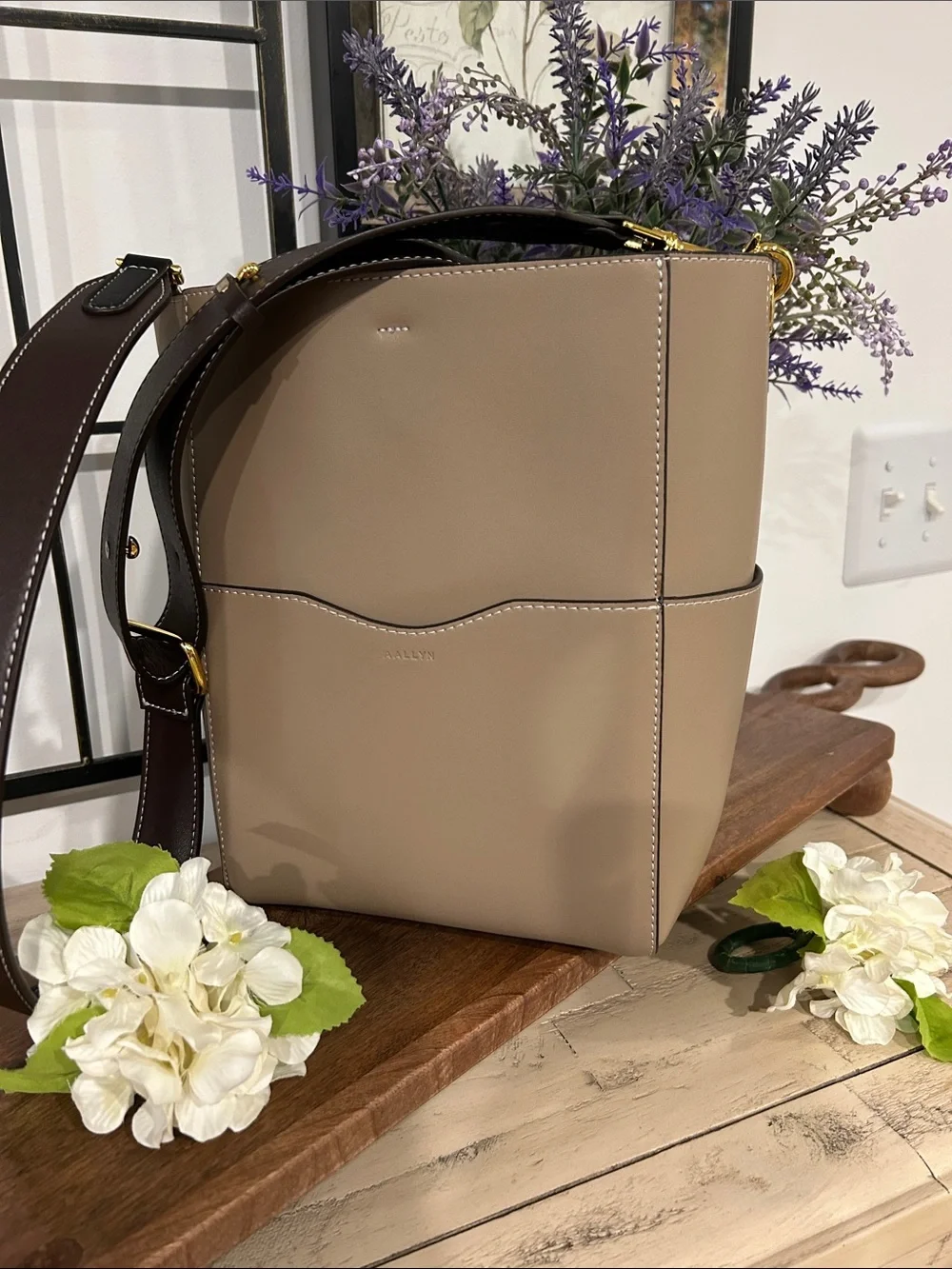 Taupe Leather Shoulder Tote with Dark Brown Strap